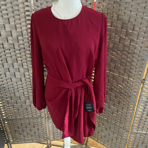 LULUS Wine Red Long Sleeve Tie-Front Skater Dress (XL) (NEW WITH TAGS) - Picture 7 of 11
